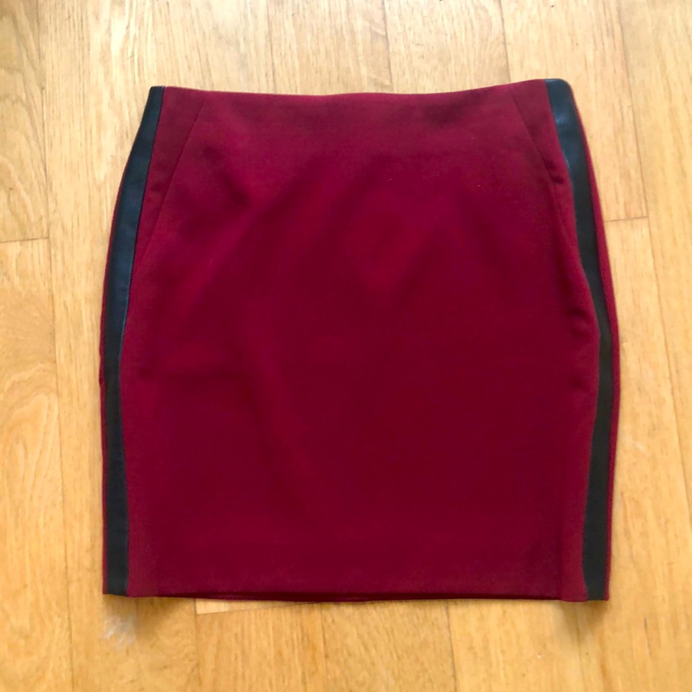 Sandro burgundy skirt with black leather trim